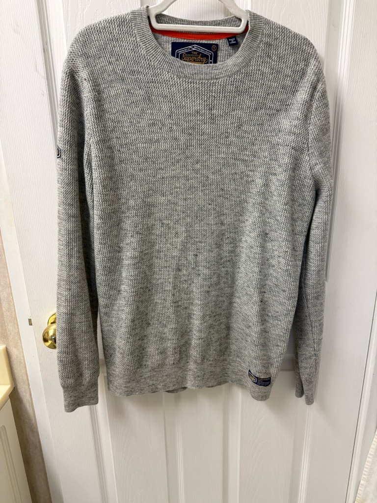 Superdry Sweater Mens Xl Gray Thermal Waffle Knit Cotton Crewneck Pullover